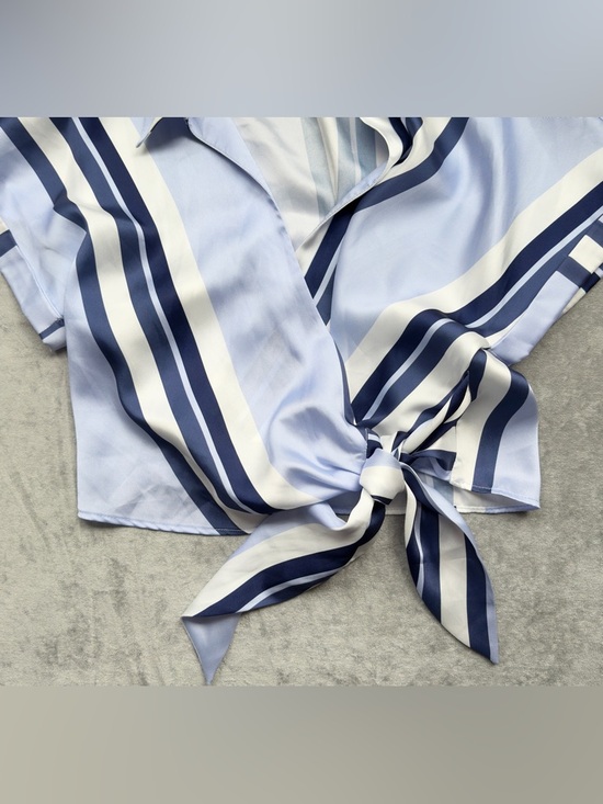 ZARA Blue & White Striped Tie Front Blouse | Satin Silky Wrap Top | Coastal | XS - Picture 3 of 8